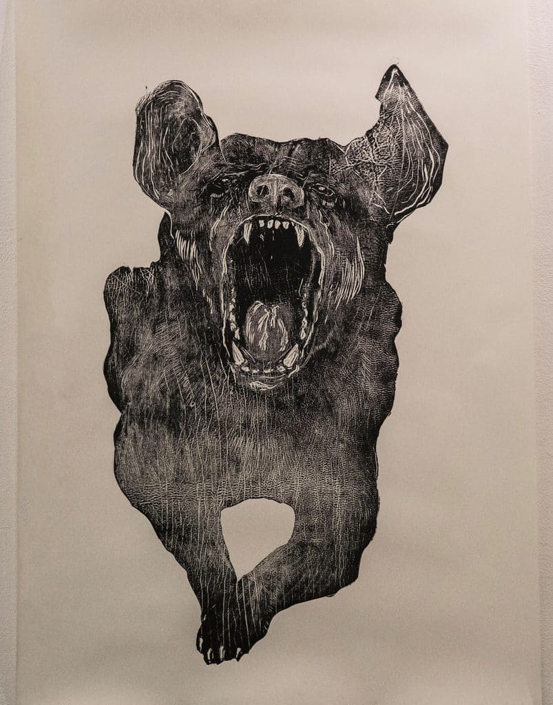 János Biró: If the Dog is Barking, leathercut (cowhide) print on paper, 100x70cm, 2024