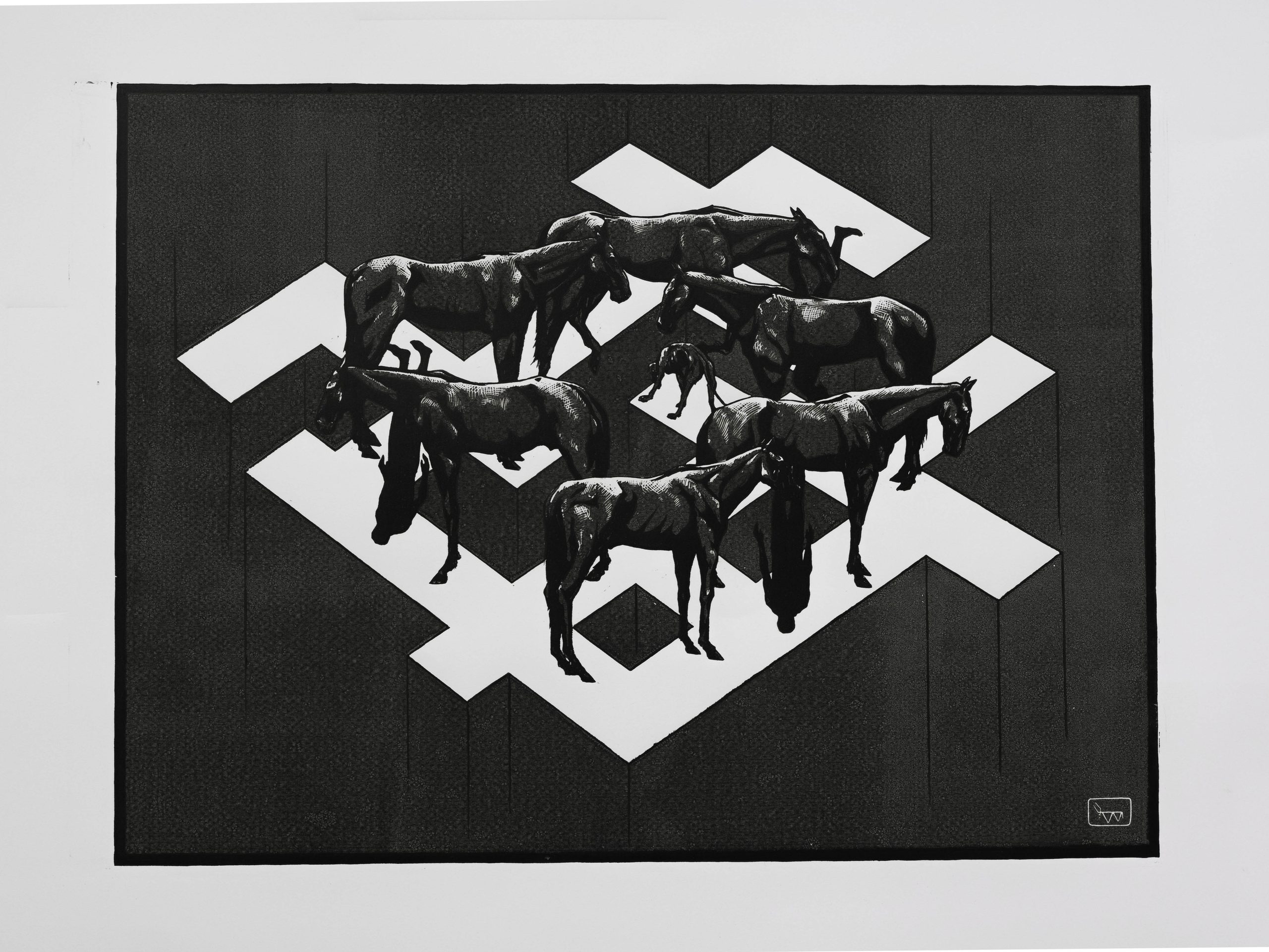 János Biró: Labyrinth, linocut, 50 x 70 cm
