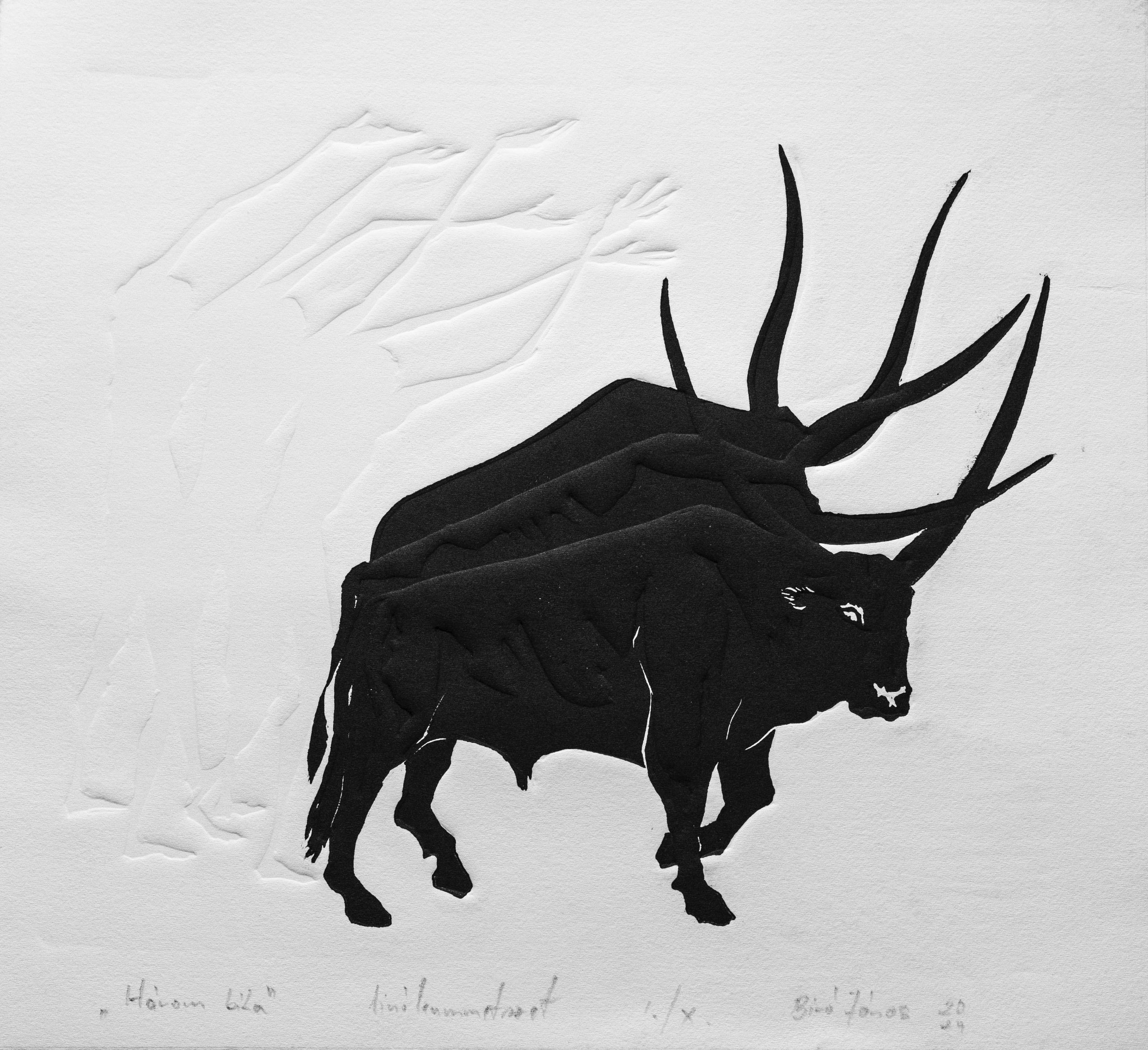 János Biró: Three bulls, linocut, 25 x 25 cm